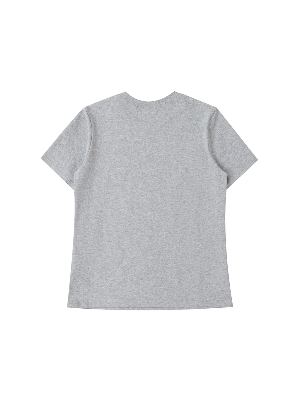 Women's standard shoulder t-shirt in Flower Gray, back view on white. Marcel Afters