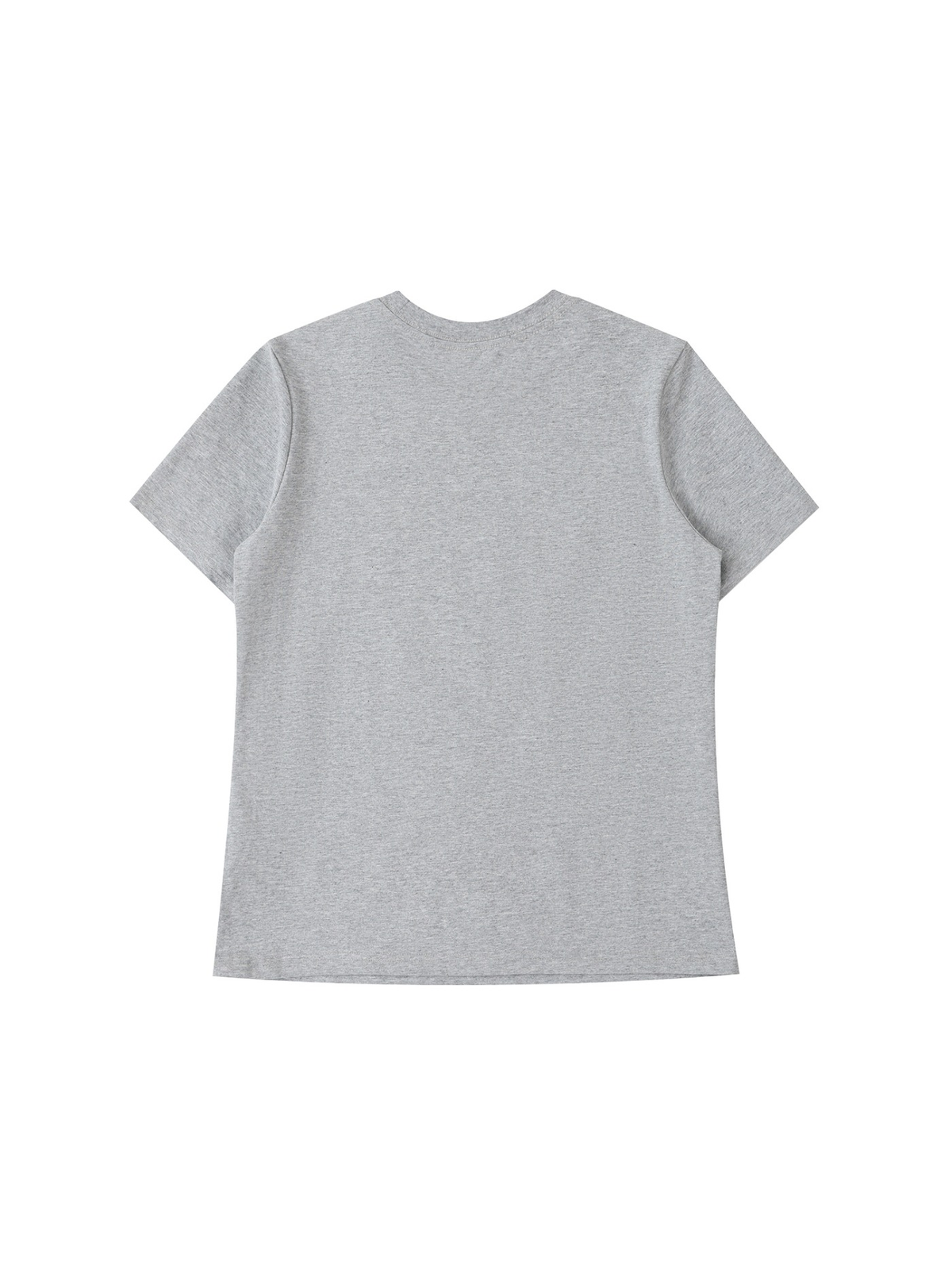 Women's standard shoulder t-shirt in Flower Gray, back view on white. Marcel Afters