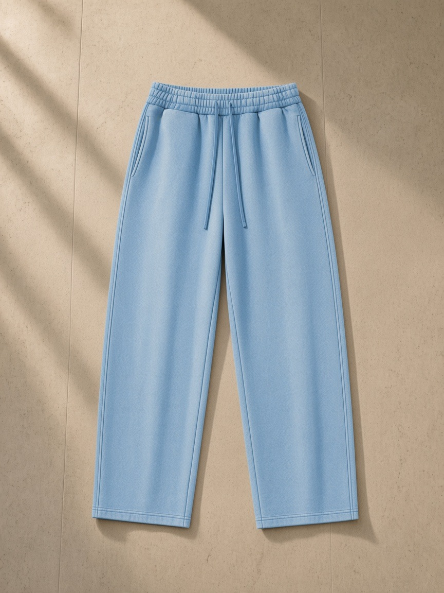 Vintage wash barrel leg fleece sweatpants in Light Blue, laid flat on pale limestone