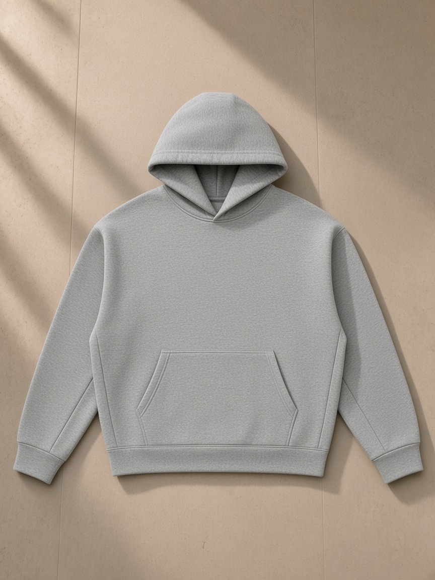 Heavyweight fleece boxy hoodie in Flower Gray, laid flat on pale limestone