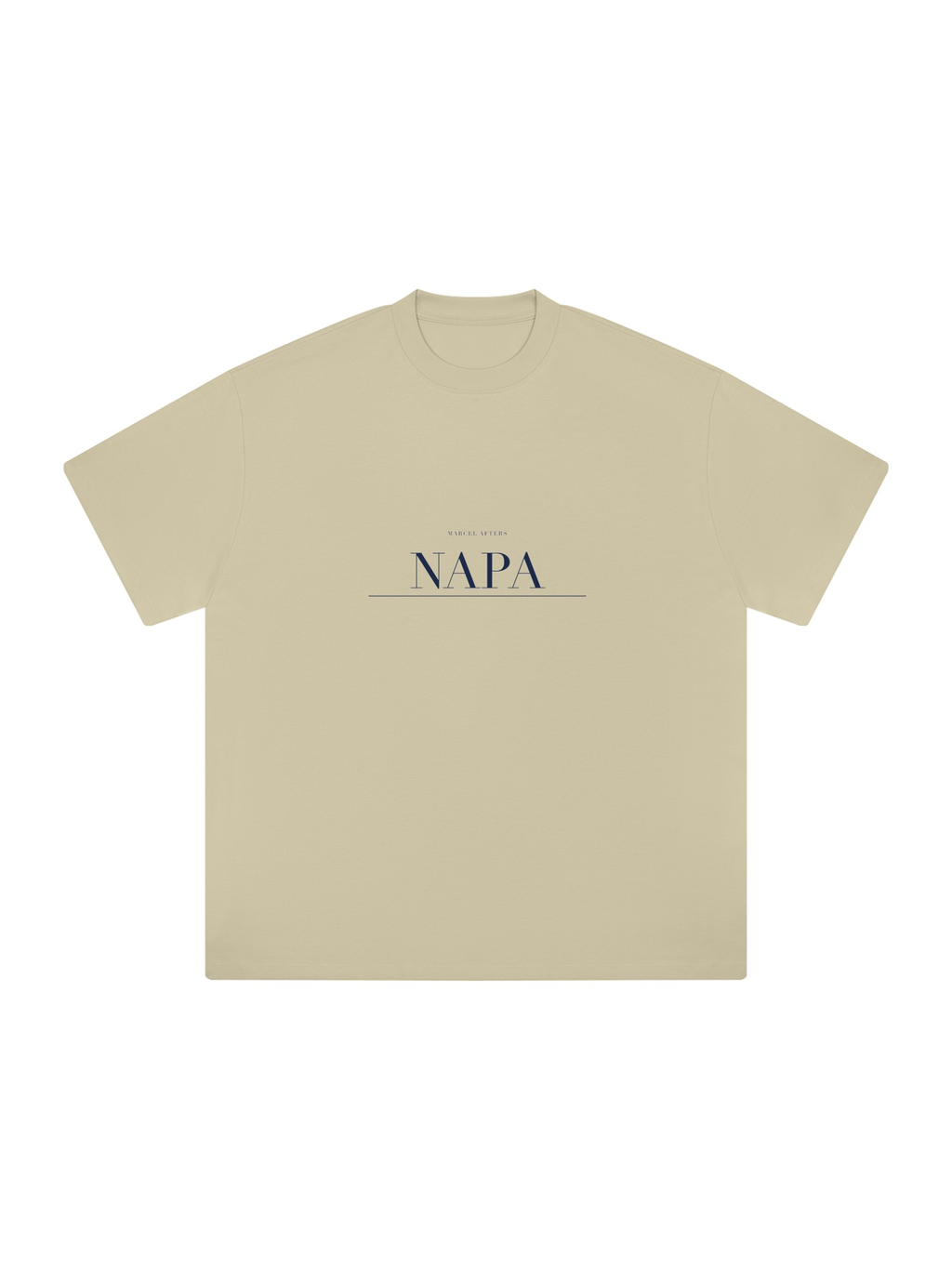 Napa Heavyweight Drop Shoulder T-Shirt by Marcel Afters in Pale Khaki, front view with the printed artwork, on white