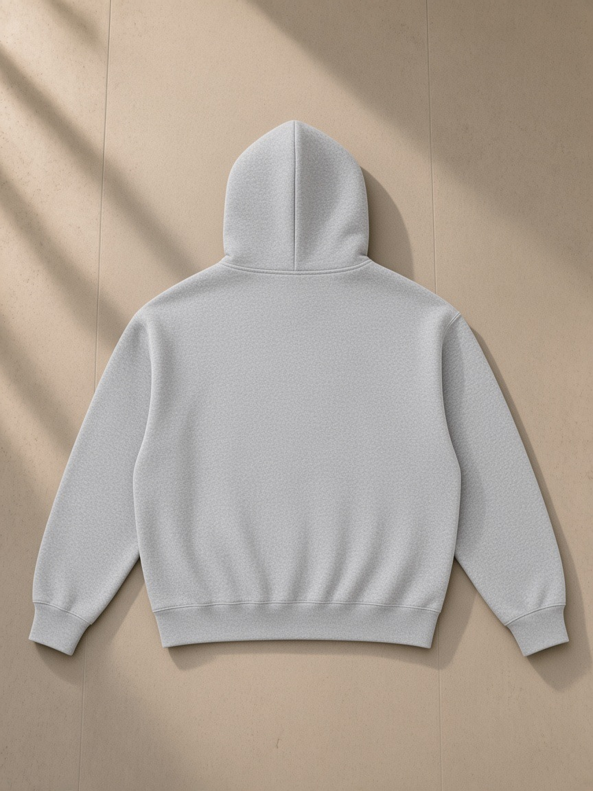 Unisex heavyweight fleece hoodie in Flower Gray, back view on white. Marcel Afters