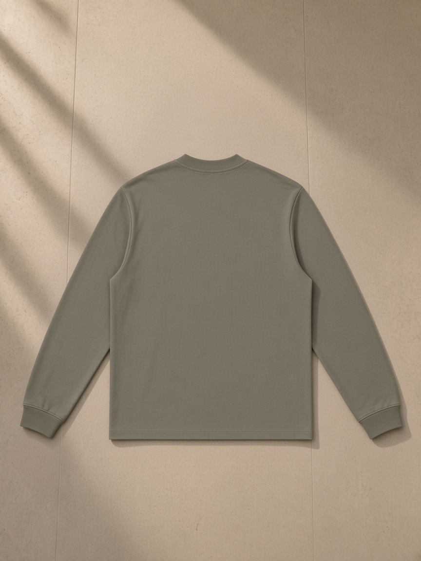 Non-shrink mock neck sweatshirt in Gray, laid flat on pale limestone, back view