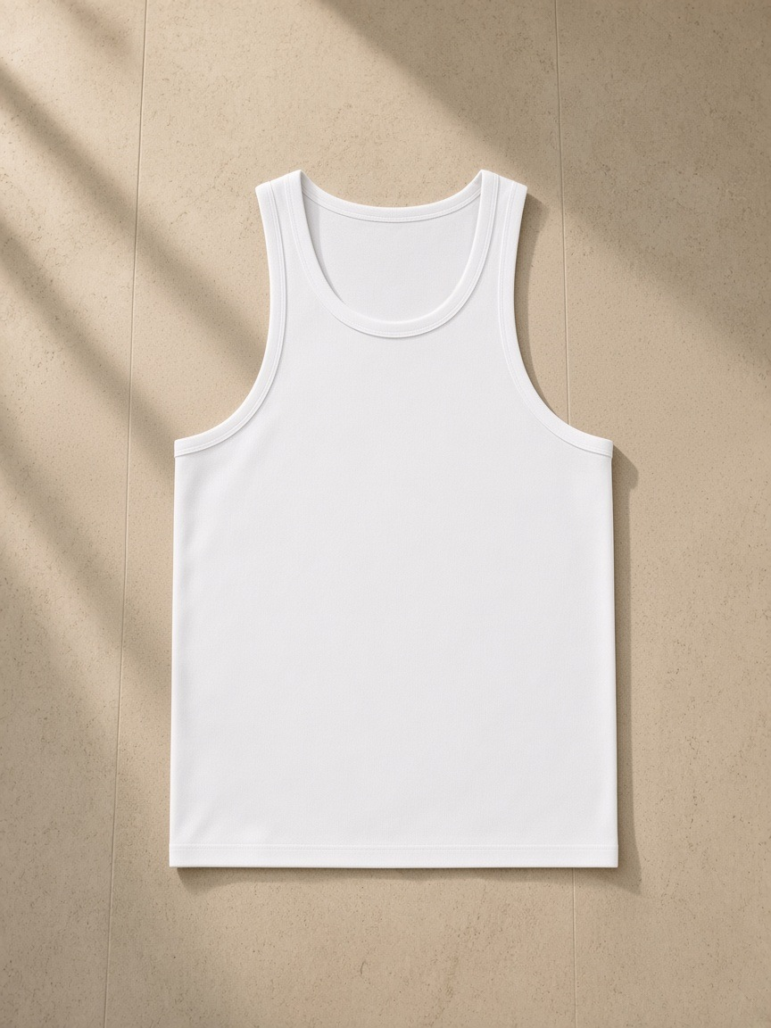 Performance tank top in White, laid flat on pale limestone