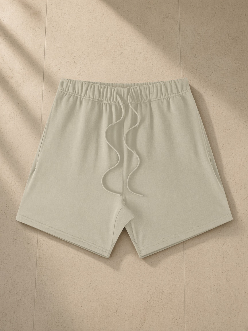 Earth Tone Loose Fit Cotton Shorts in Sand Color, laid flat on pale limestone