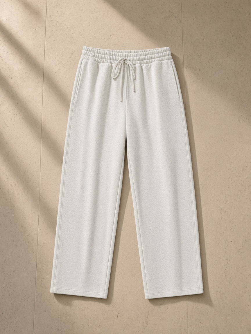 Unisex straight-leg sweatpants in Oat Gray, front view on white. Marcel Afters