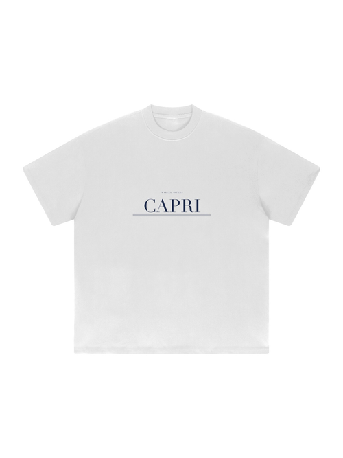 Capri Heavyweight Drop Shoulder T-Shirt by Marcel Afters in White, front view with the printed artwork, on white