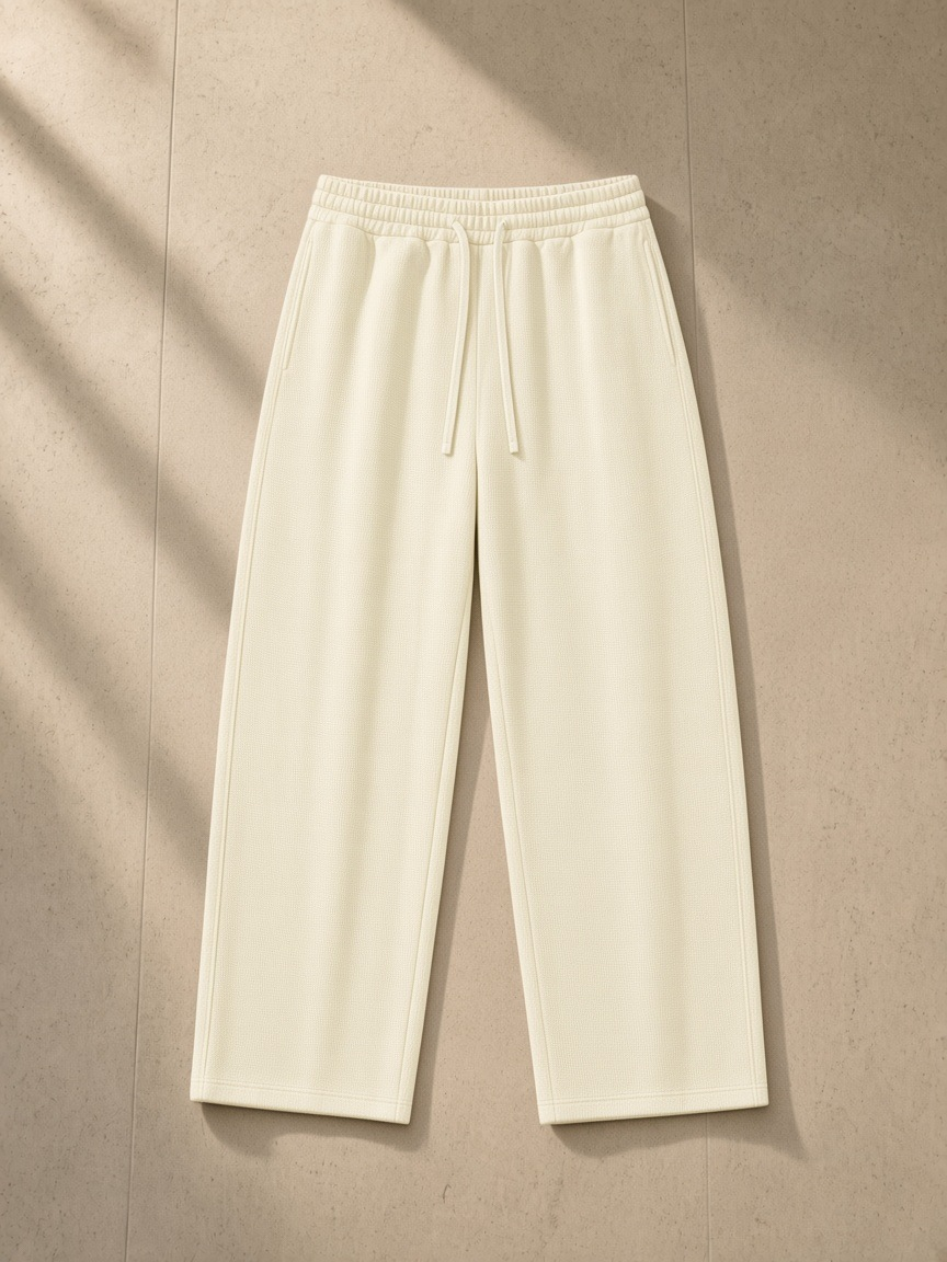 Waffle barrel leg pants in Mild Apricot, laid flat on pale limestone