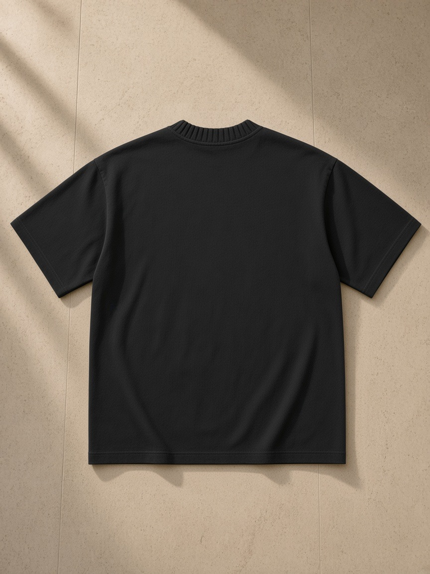 Heavyweight Knit Round Neck T-Shirt in Black, laid flat on pale limestone, back view