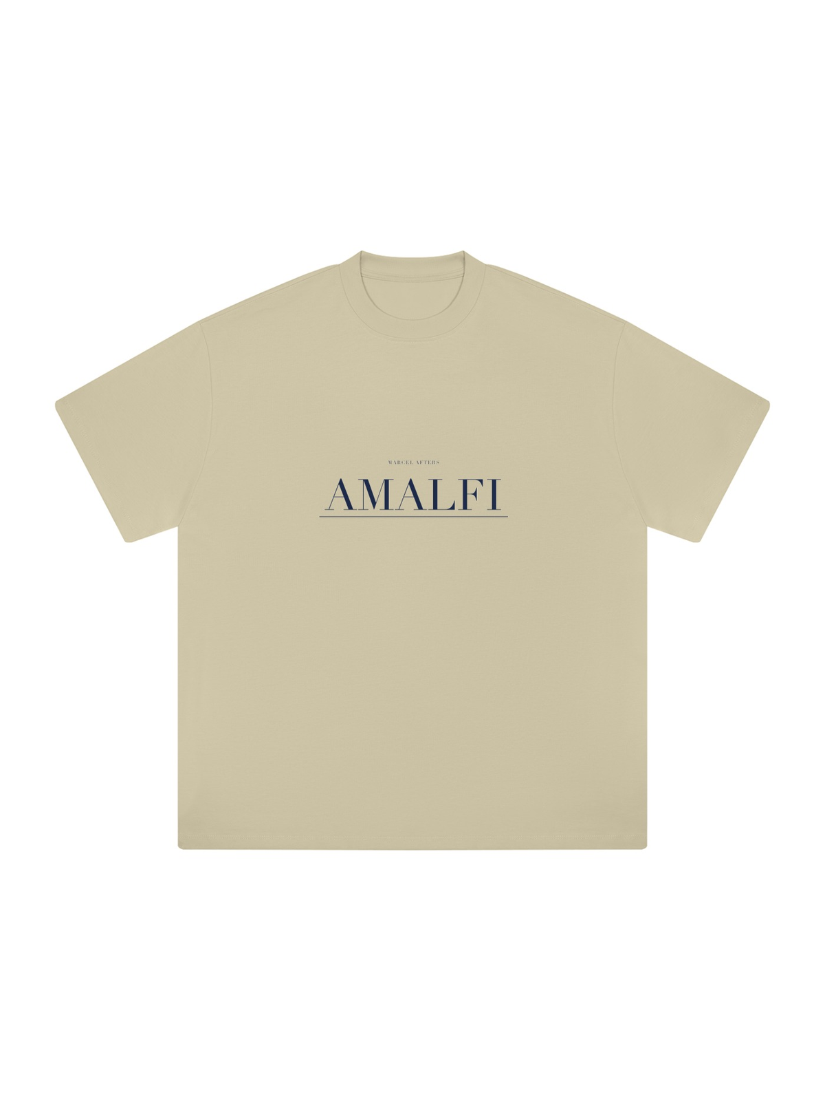 Amalfi Heavyweight Drop Shoulder T-Shirt by Marcel Afters in Pale Khaki, front view with the printed artwork, on white