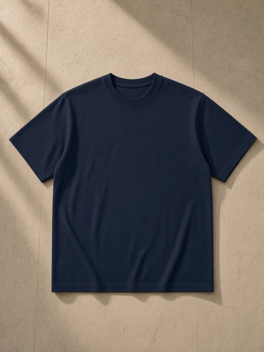 Solid Color Regular Fit T-Shirt in Navy Blue, laid flat on pale limestone, back.