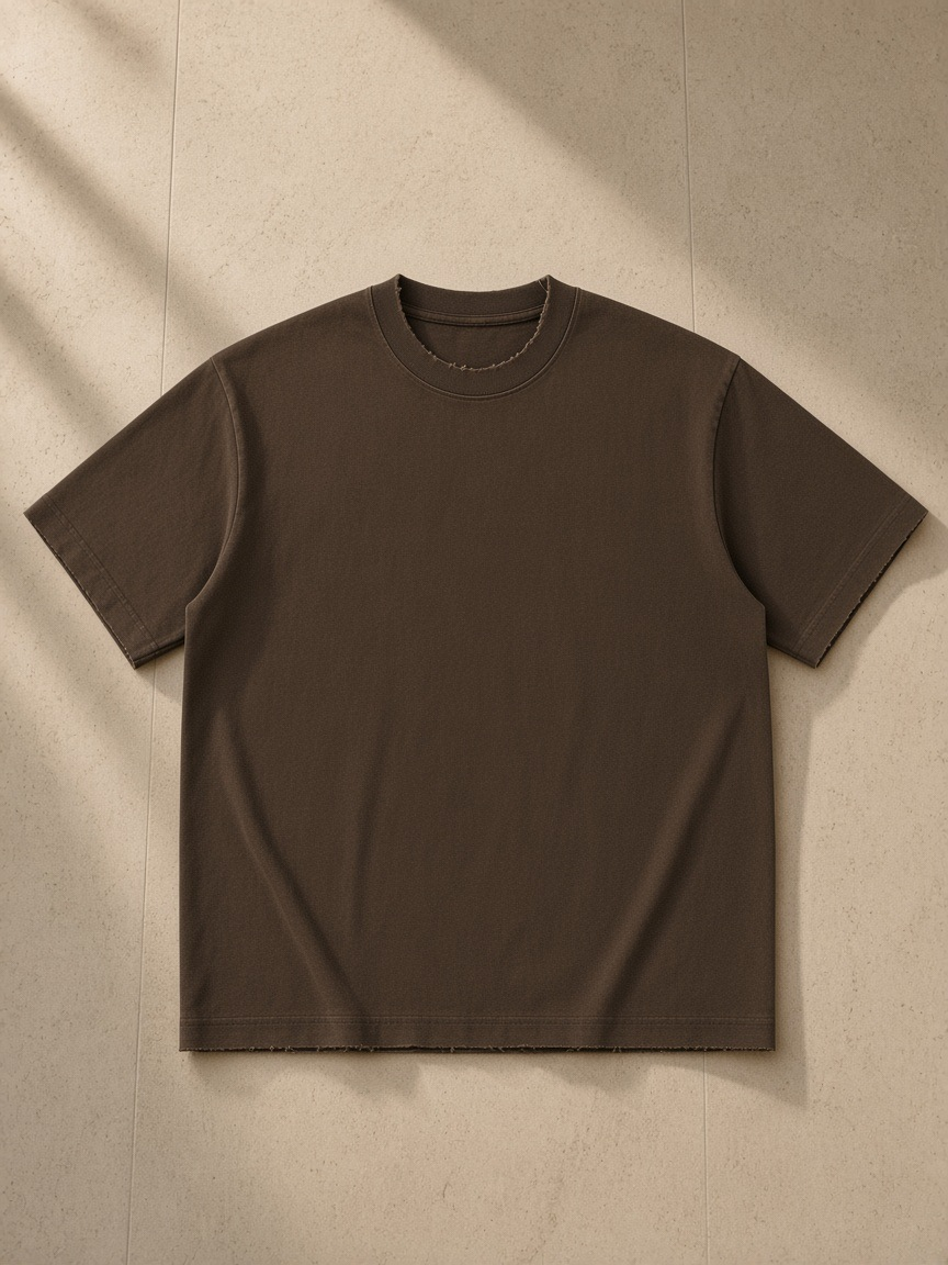 Men's heavyweight vintage washed frayed t-shirt in Coffee, laid flat on pale limestone
