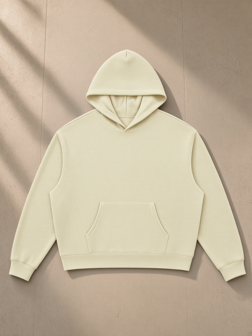 Waffle boxy hoodie in Mild Apricot, laid flat on pale limestone