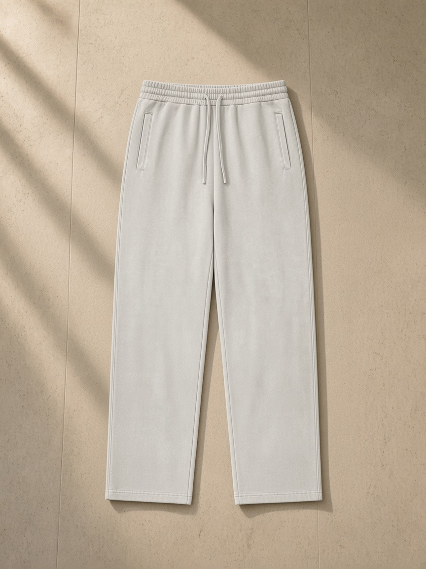 Vintage Wash Sweatpants in Light Gray, laid flat on pale limestone