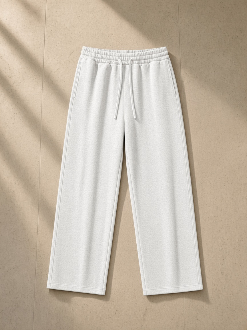 Heavyweight Fleece Sweatpants in Flower Gray, laid flat on pale limestone
