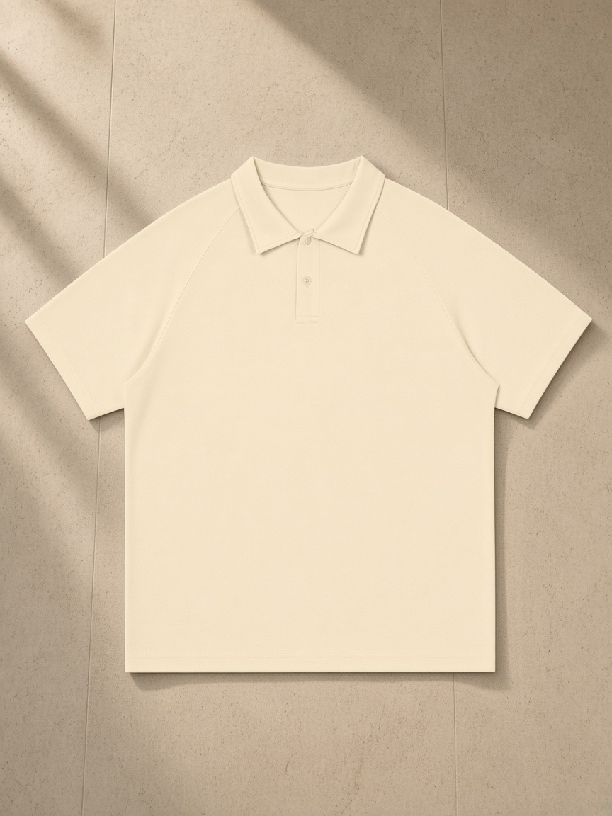 Classic Knit Polo in Apricot, laid flat on pale limestone
