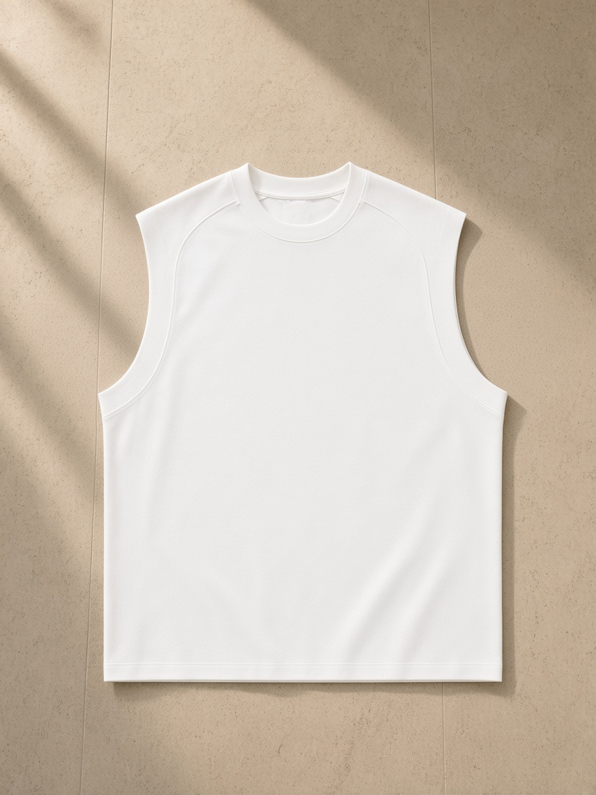 Sorona Quick-Dry Cooling Tank Top in White, laid flat on pale limestone