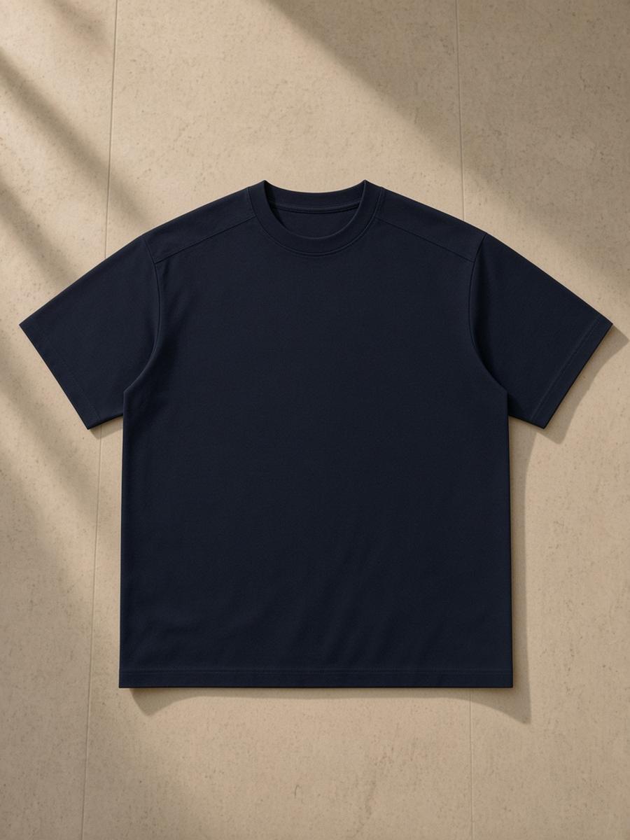 Sorona Quick-Dry Loose Fit Boxy T-Shirt in Navy Blue, laid flat on pale limestone, front.