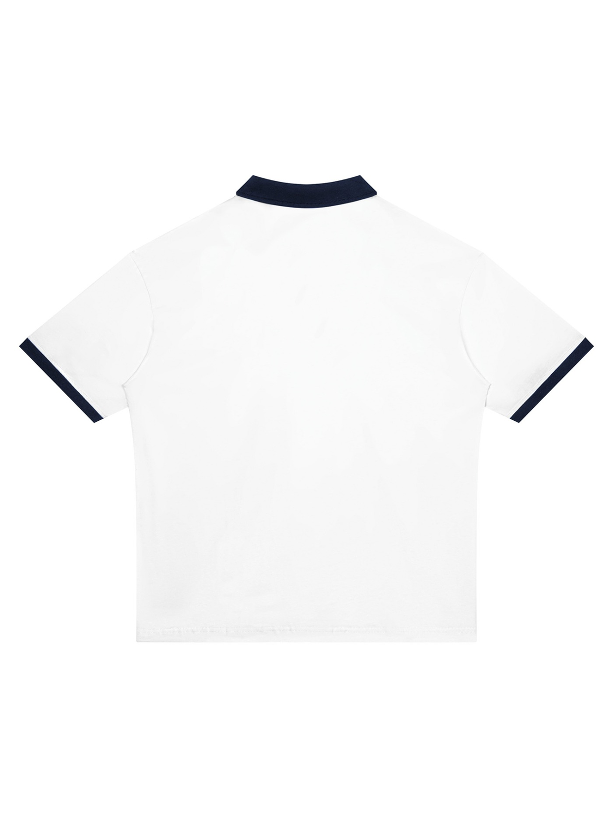Unisex color block polo shirt in White with Navy Blue, back view on white. Marcel Afters