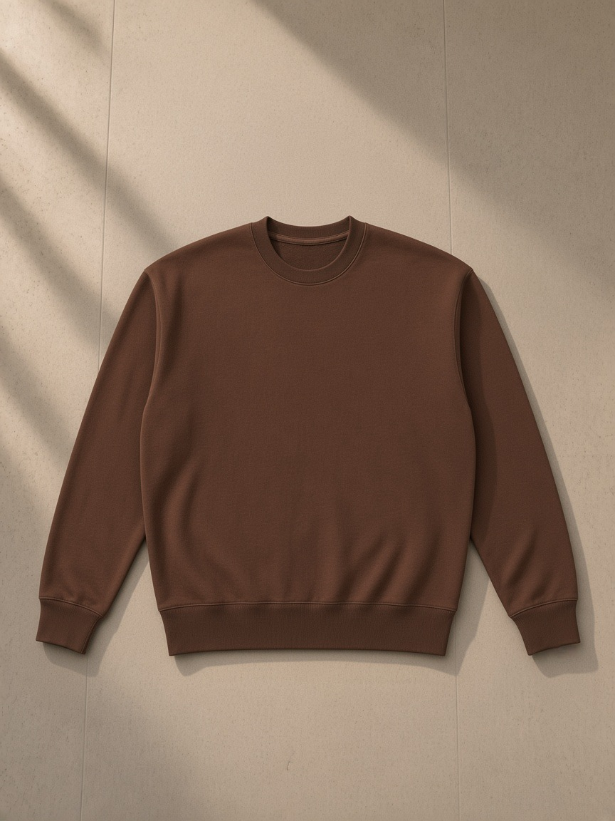 Unisex heavyweight cotton sweatshirt in Coffee, laid flat on pale limestone