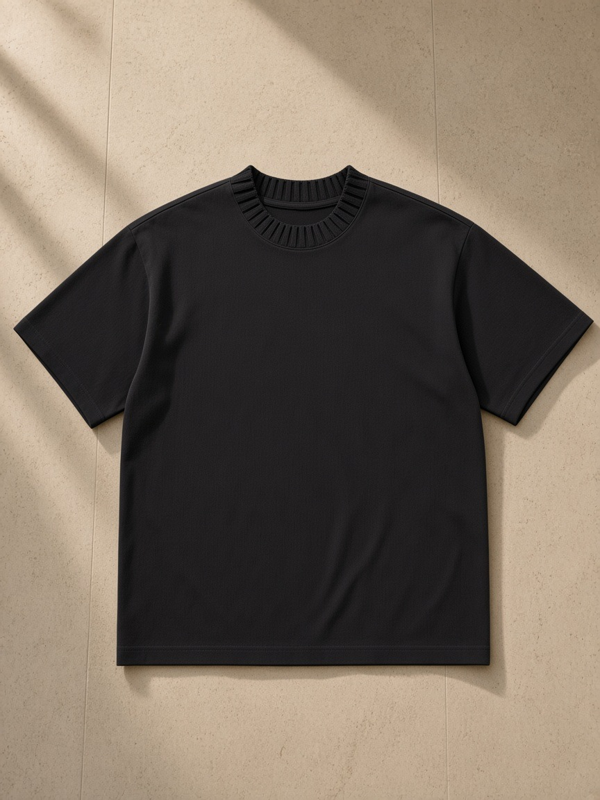 Heavyweight Knit Round Neck T-Shirt in Black, laid flat on pale limestone