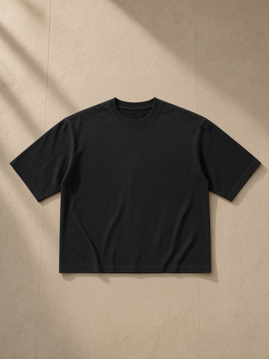 Vintage Wash Sunfade Boxy T-Shirt in Black, laid flat on pale limestone