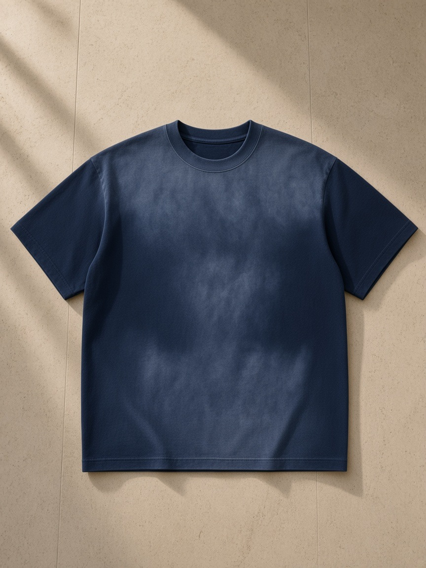 Unisex sunfade t-shirt in Dark Blue, laid flat on pale limestone