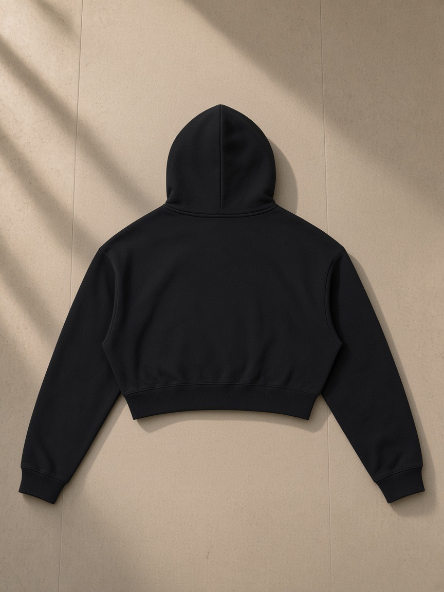 Essential cropped zip-up hoodie in Black, laid flat on pale limestone, back view