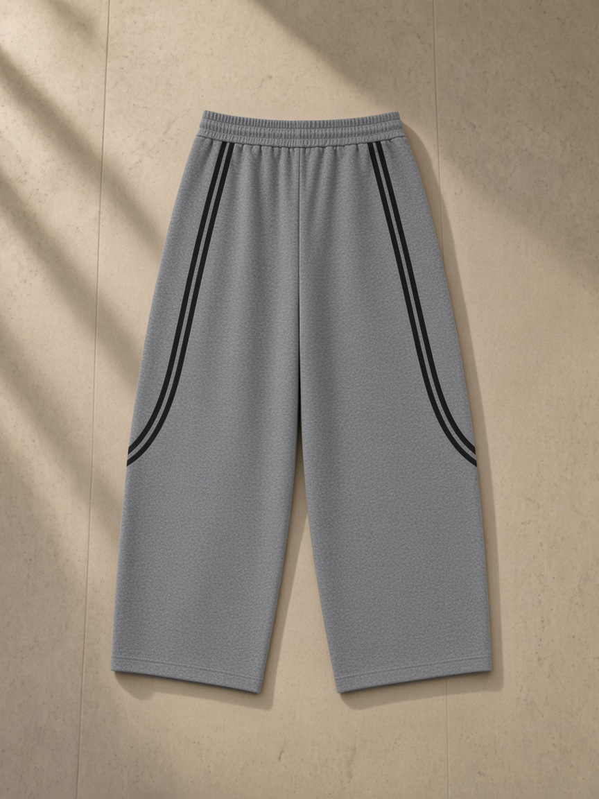 Wide Leg Piping Sweatpants in Flower Gray, laid flat on pale limestone, back.