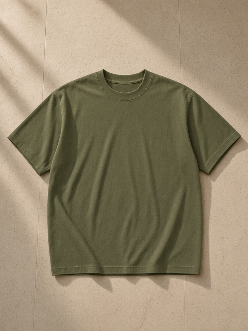 Unisex vintage wash drop shoulder t-shirt in Army Green, laid flat on pale limestone