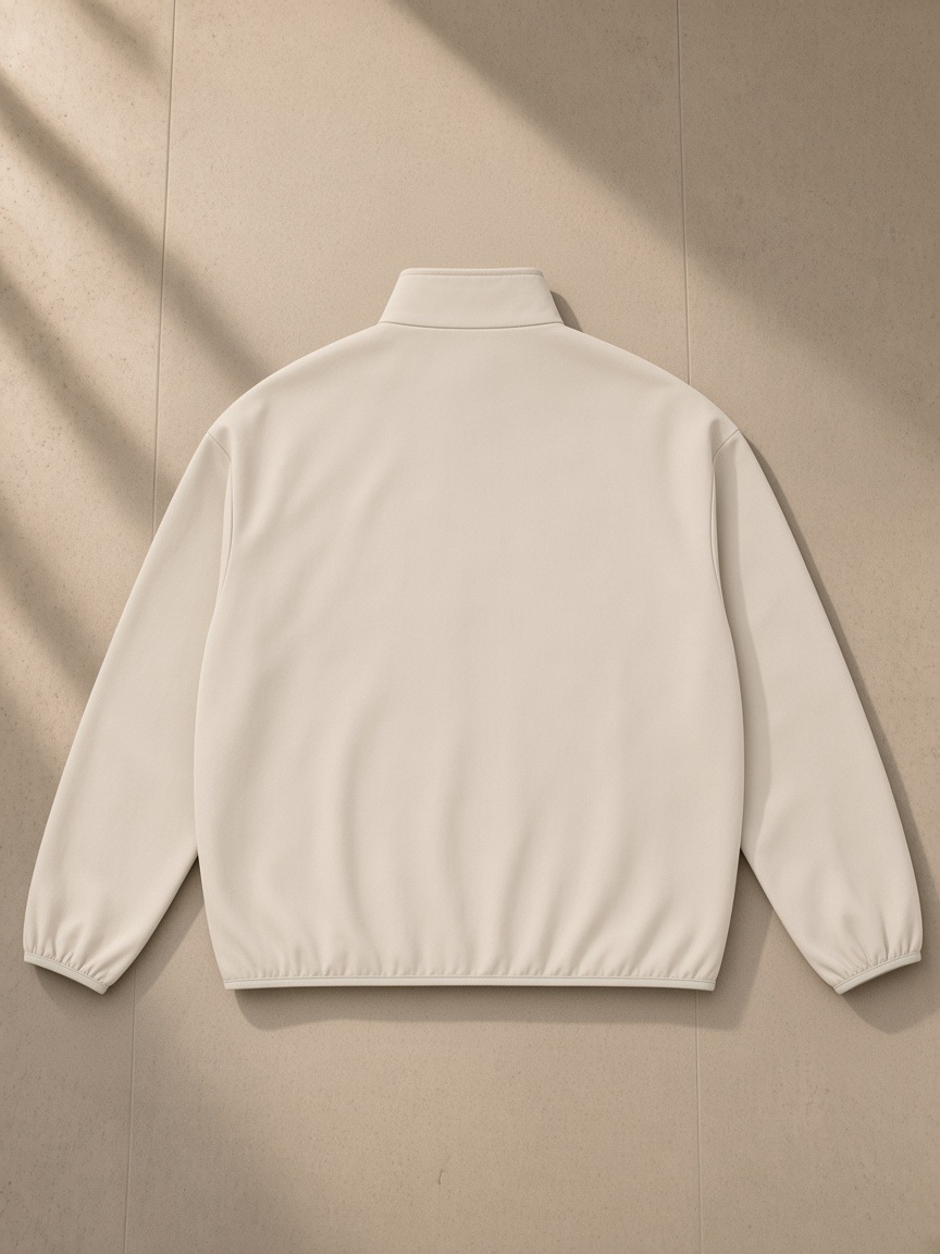 Heavyweight Stand Collar Jacket in Mild Apricot, laid flat on pale limestone, back view