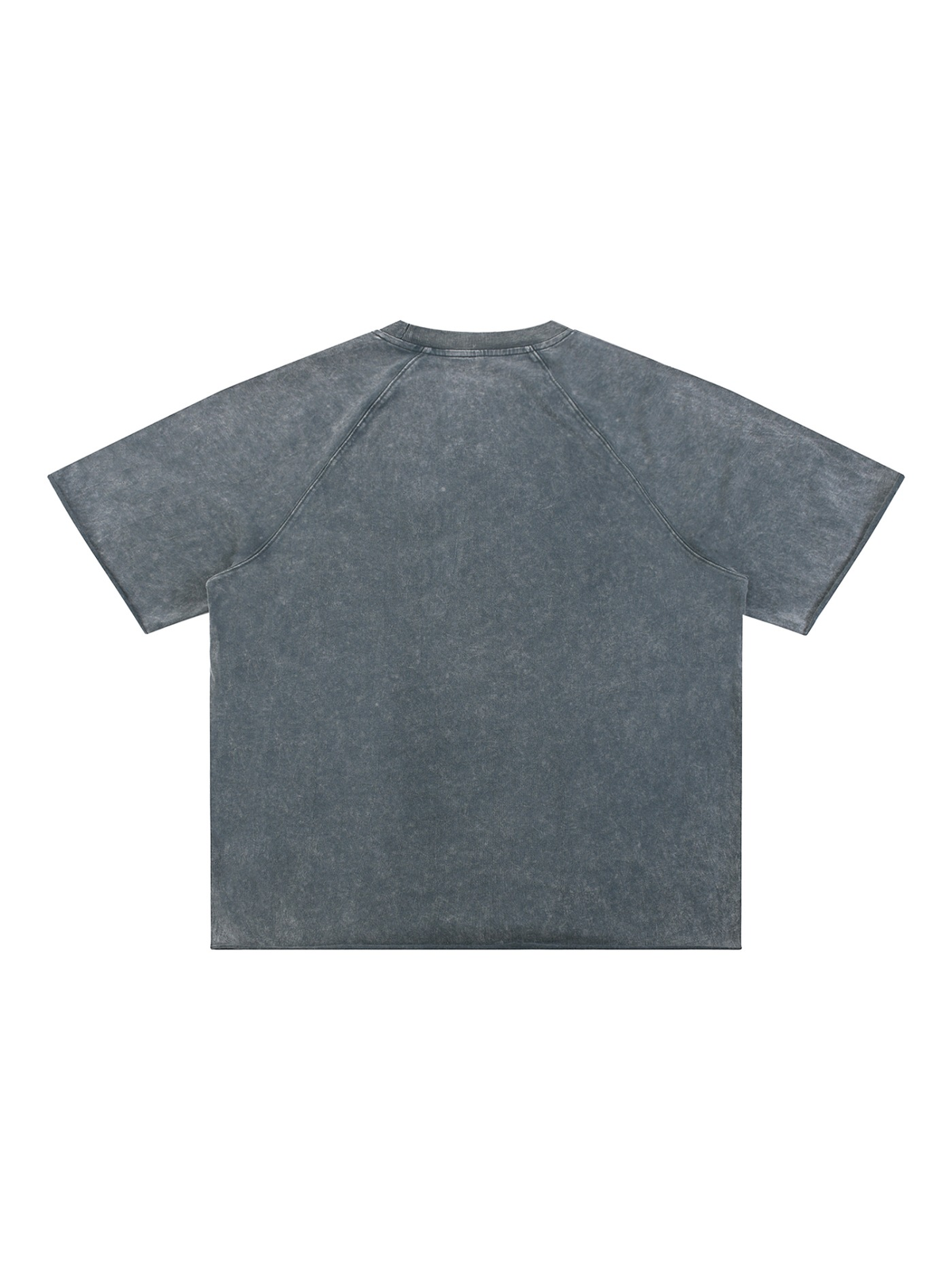 Unisex mineral wash raw edge t-shirt in Medium Gray, back view on white. Marcel Afters