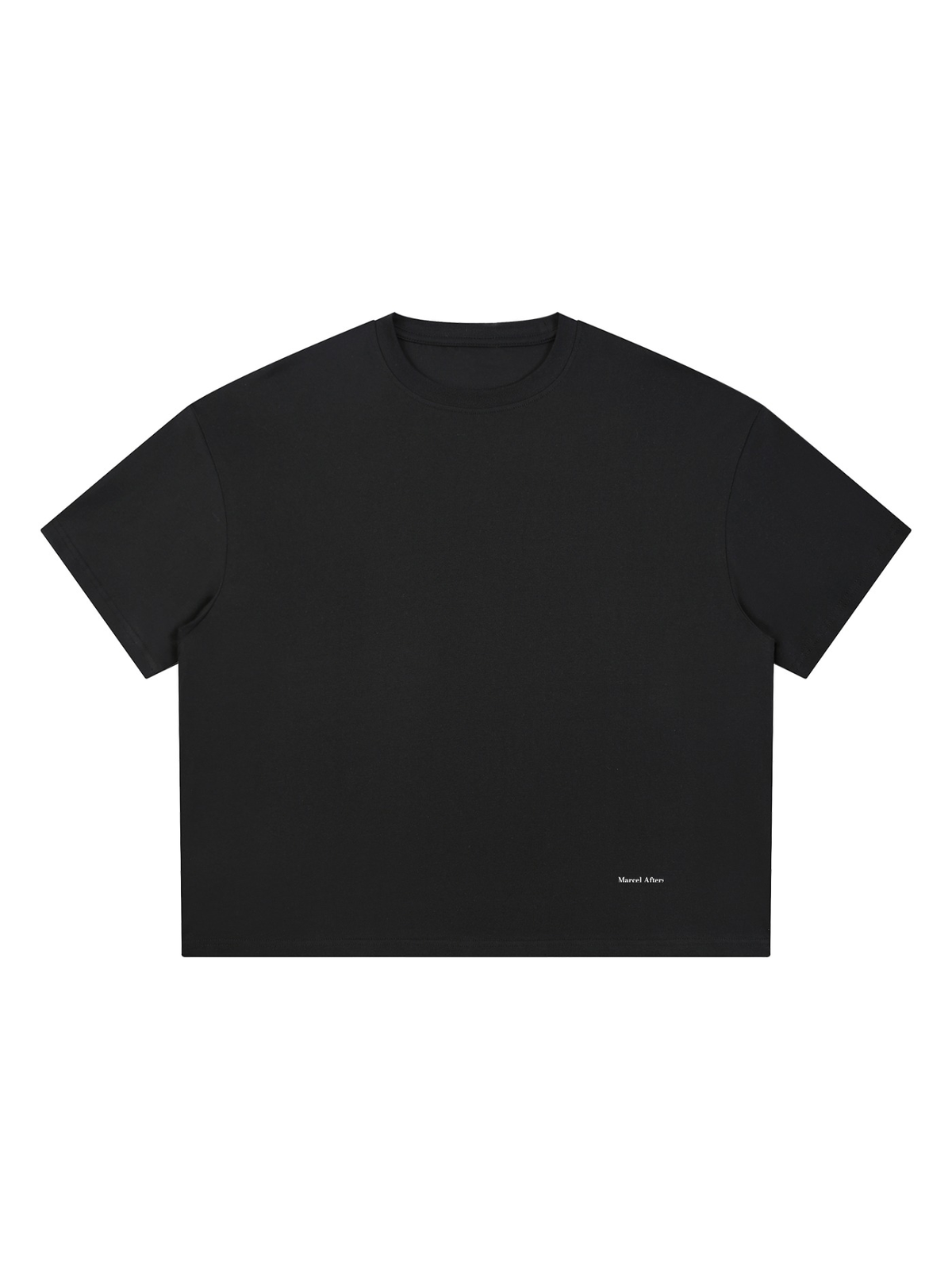 Unisex boxy Coolmax t-shirt in Black, front view on white. Marcel Afters
