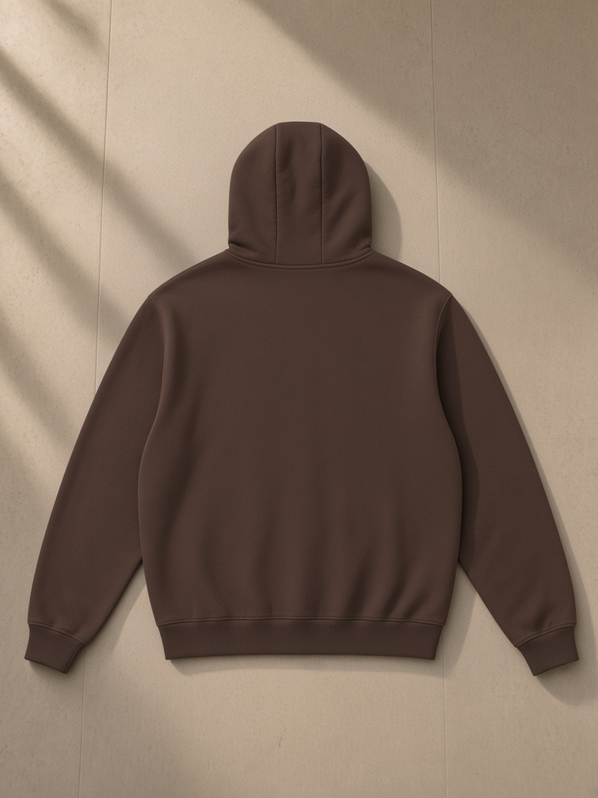 Fleeced high neck hoodie in Brown, laid flat on pale limestone, back view