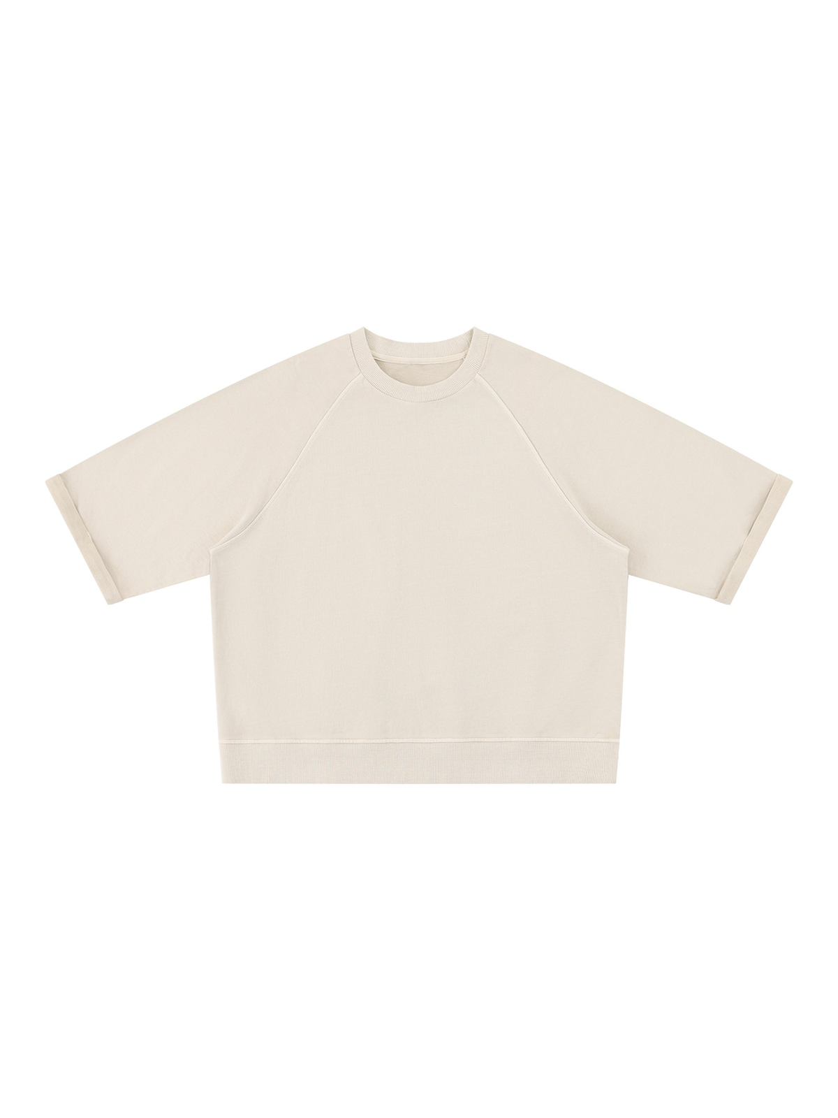 Unisex vintage wash boxy short sleeve sweatshirt in Light Apricot, front view on white. Marcel Afters