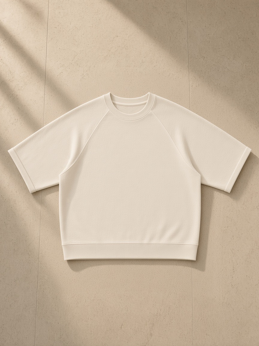 Unisex vintage wash boxy short sleeve sweatshirt in Light Apricot, laid flat on pale limestone