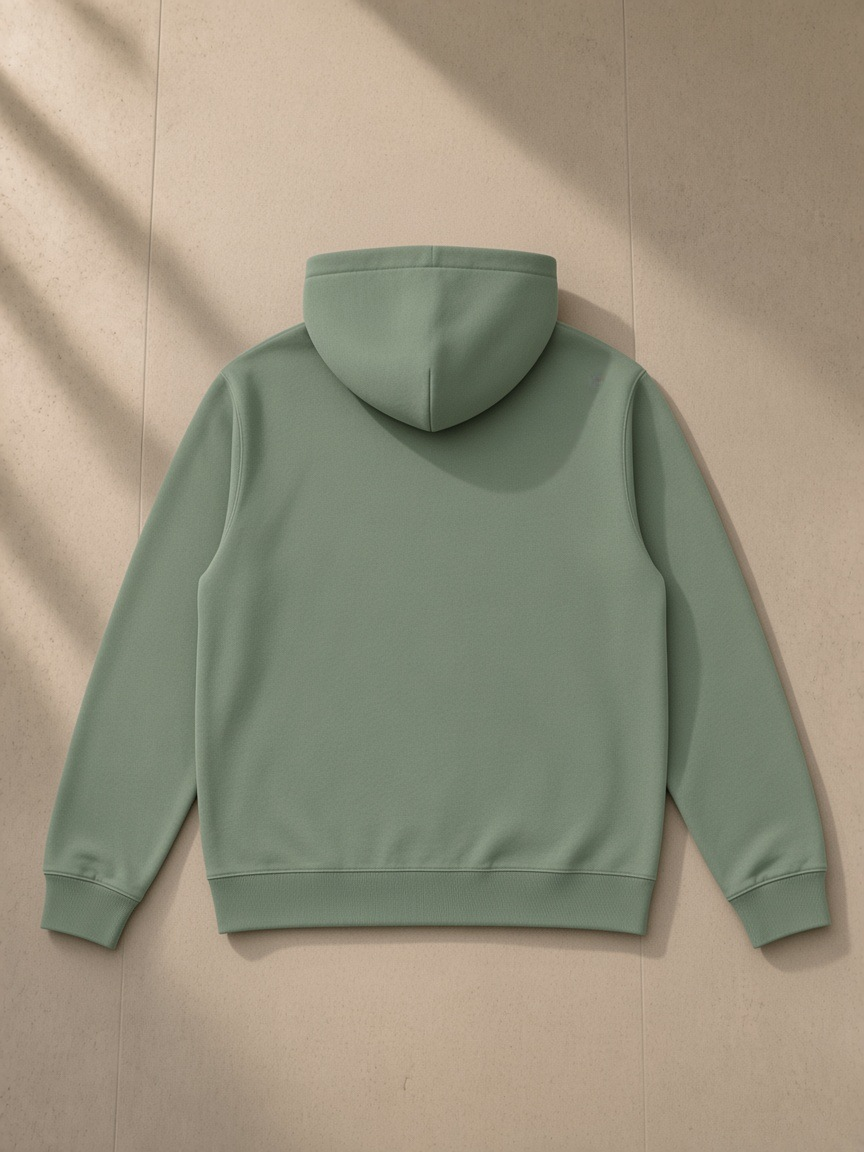 Essential oversized hoodie in Army Green, laid flat on pale limestone, back view