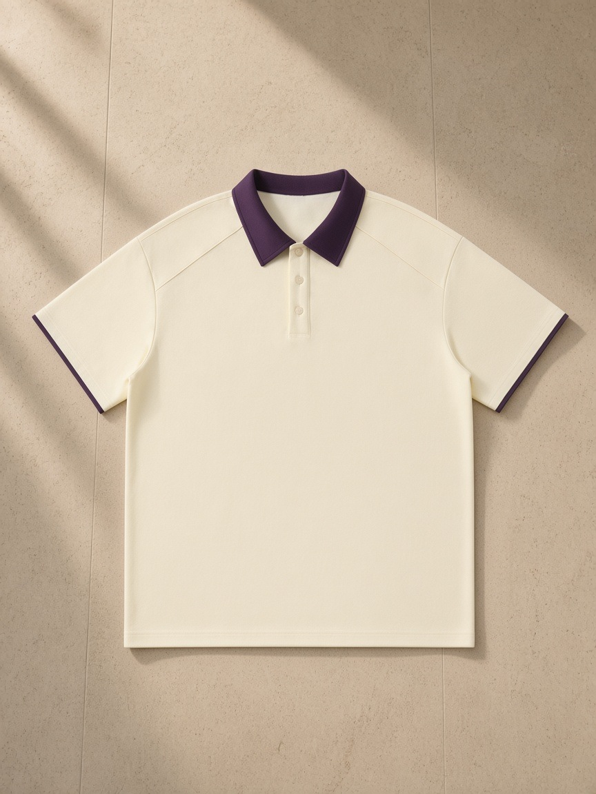 Contrast Collar Raglan Polo Shirt in Apricot, laid flat on pale limestone