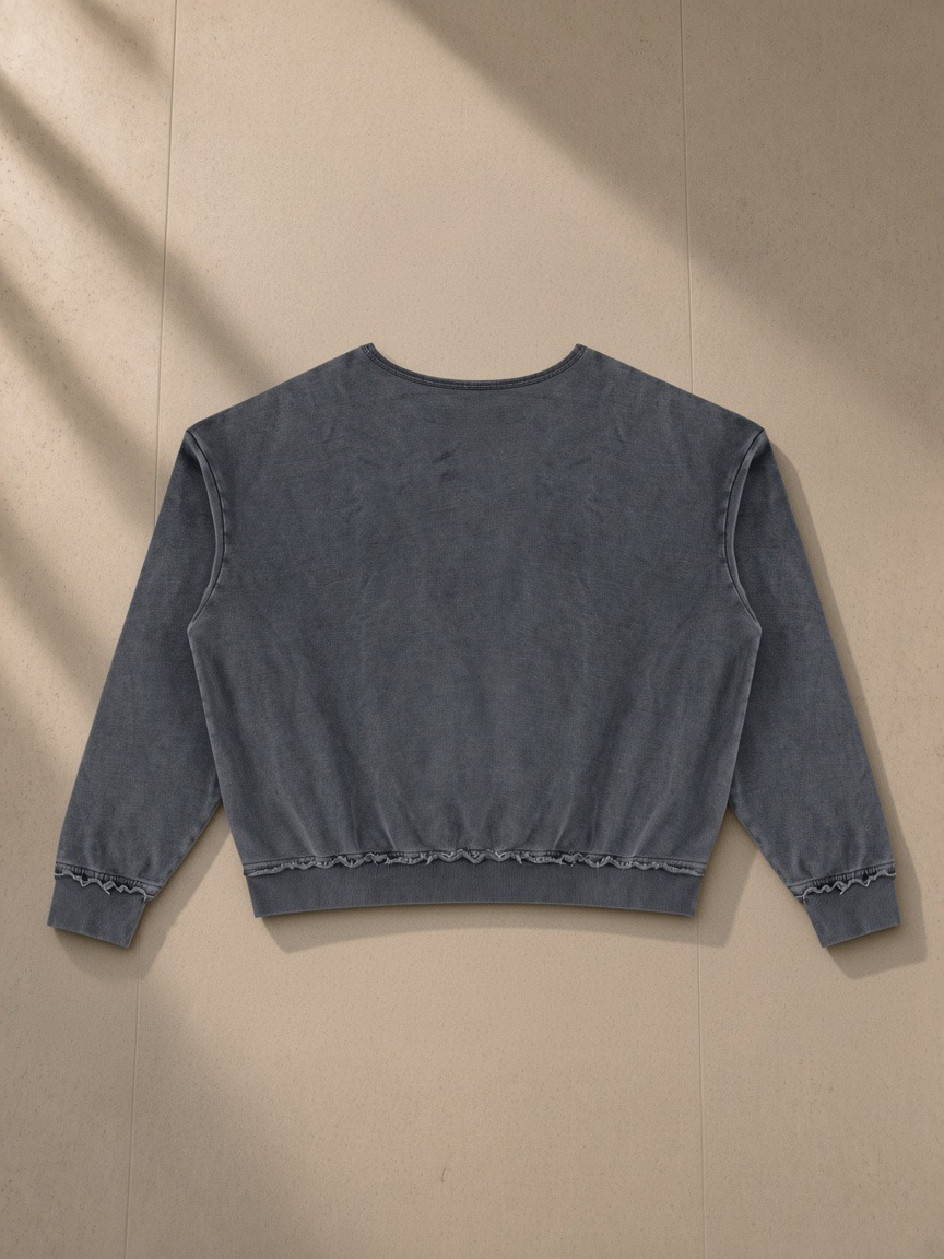 Raw edge crewneck sweatshirt in Washed Gray, back view