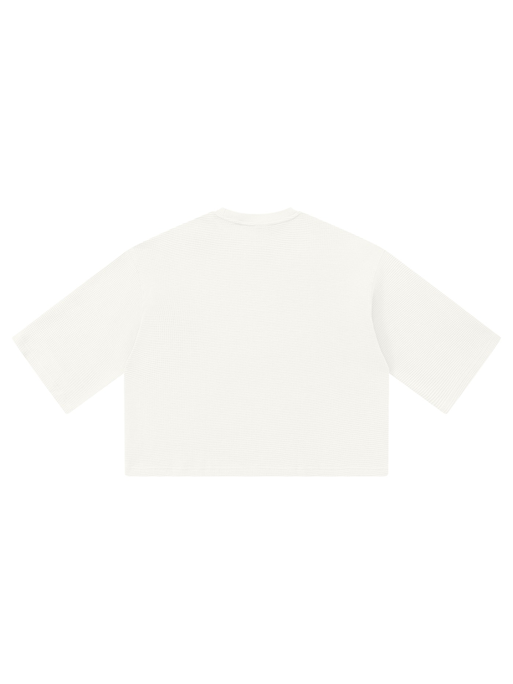 Unisex waffle boxy t-shirt in White, back view on white. Marcel Afters