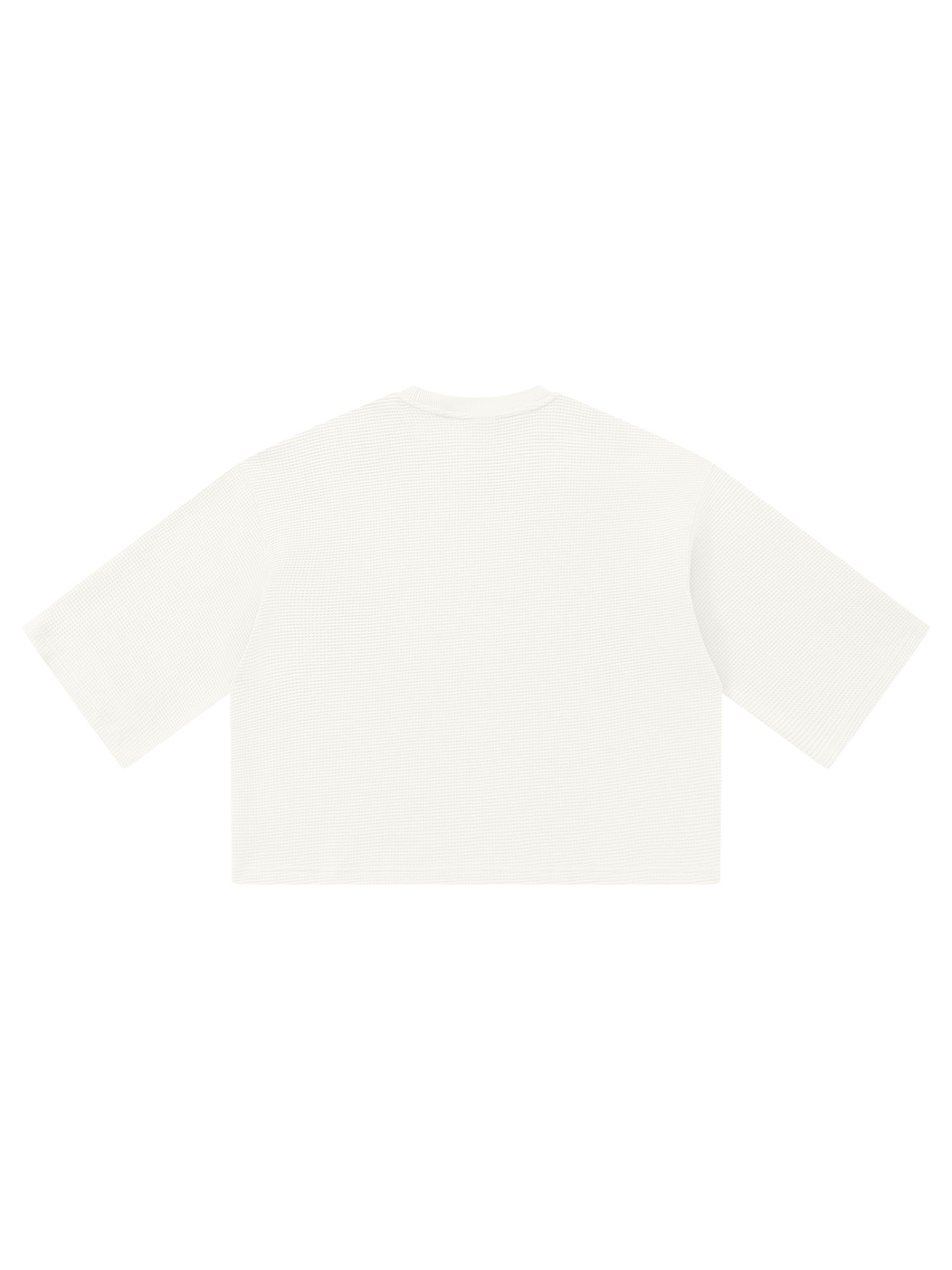 Unisex waffle boxy t-shirt in White, back view on white. Marcel Afters