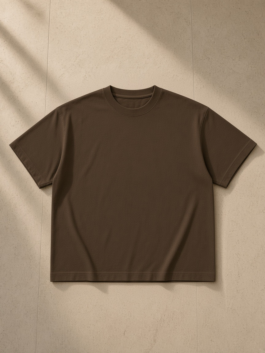 Unisex cotton boxy t-shirt in Coffee, front view on white. Marcel Afters