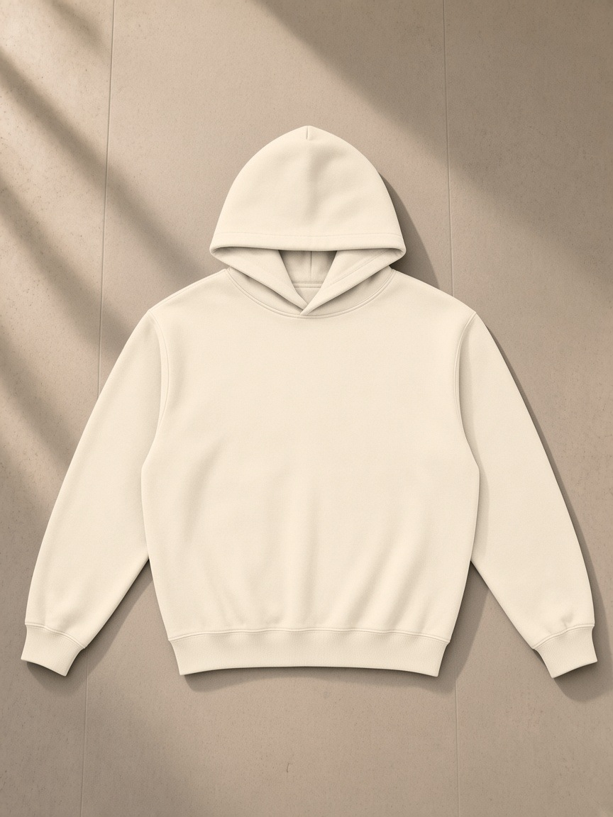 Fleeced boxy hoodie in Cream Apricot, laid flat on pale limestone
