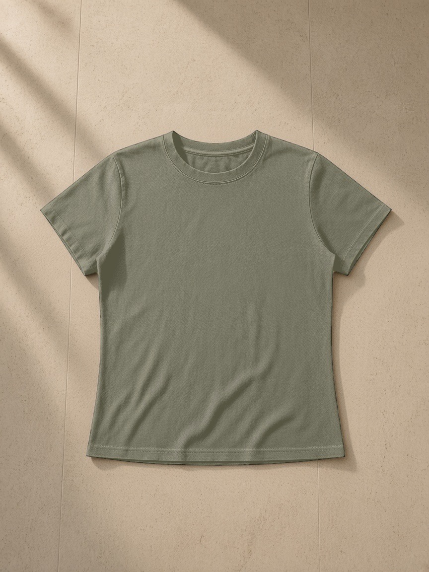 Vintage wash slim fit t-shirt in Army Green, laid flat on pale limestone, front view