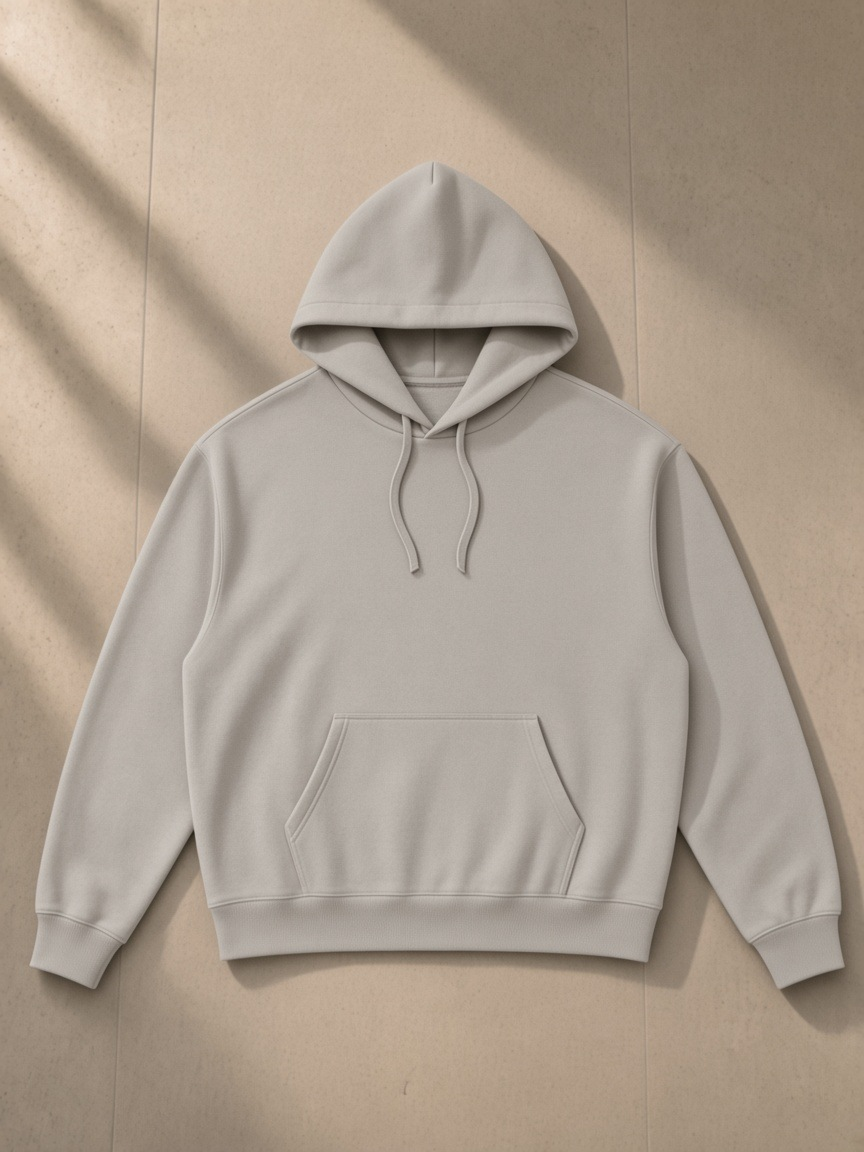 Essential Boxy Heavyweight Drop-Shoulder Hoodie in Medium Gray, laid flat on pale limestone, front.