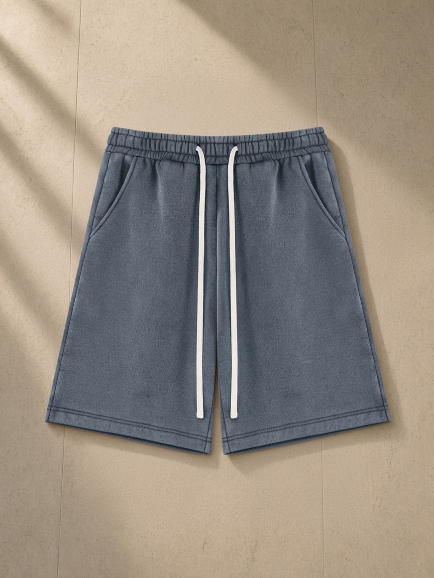 Unisex vintage wash fleece shorts in Washed Blue, laid flat on pale limestone