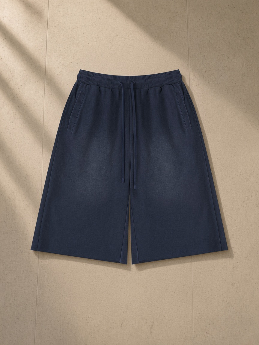 Unisex sunfade raw edge shorts in Navy Blue, laid flat on pale limestone