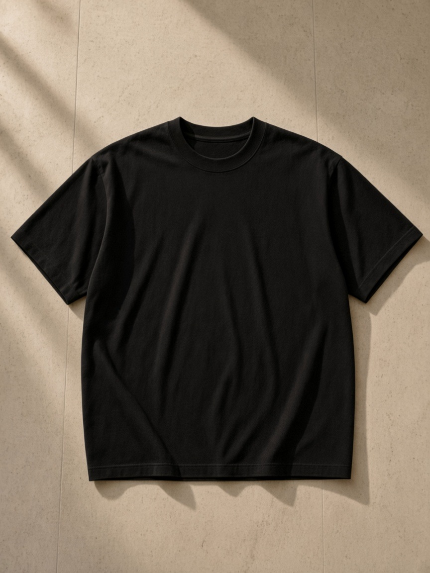 Women's Heavyweight Earth Tone T-Shirt in Black, laid flat on pale limestone, back.