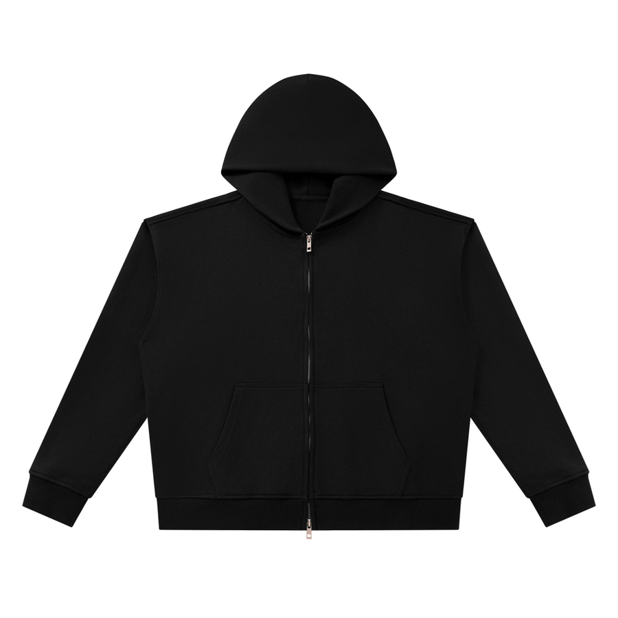Men's heavyweight boxy full-zip hoodie in Black, front view: silver zip, kangaroo pocket, cropped boxy fit. Marcel Afters luxury essentials.
