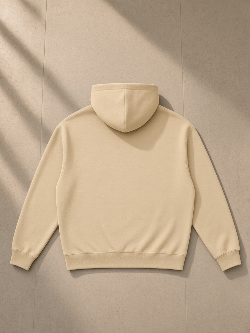 Relaxed Pullover Hoodie in Khaki, laid flat on pale limestone, back view